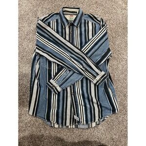 Vintage Levis Mens Large Long Sleeve Striped Button Down Blue Black 100% Cotton